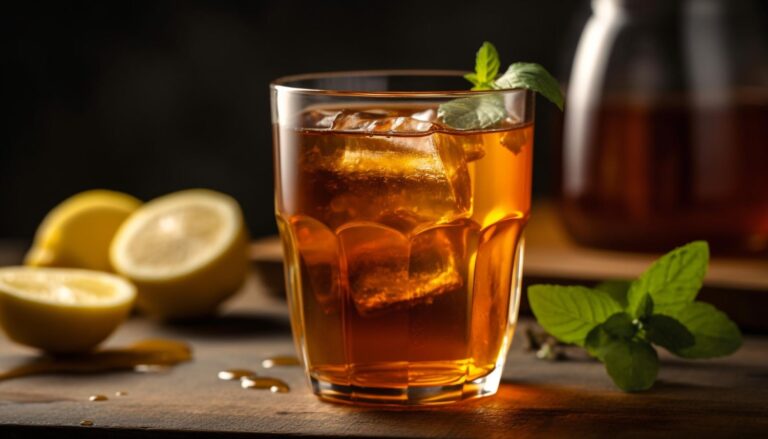 Iced tea in a clear glass with mint garnish, beside cut lemons on a wooden surface.