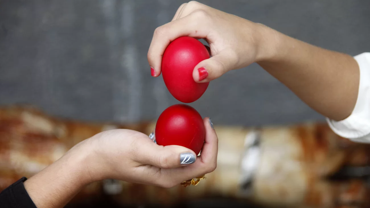 Brightly dyed red eggs, symbolizing Christ's blood, prepared for Easter Sunday in Cyprus.