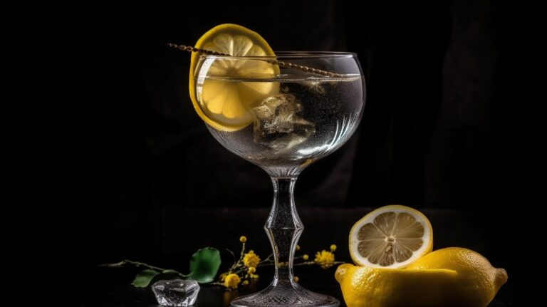 Crystal-clear gin and tonic with lemon garnish in a stemmed glass, on a dark background with ice and lemon.