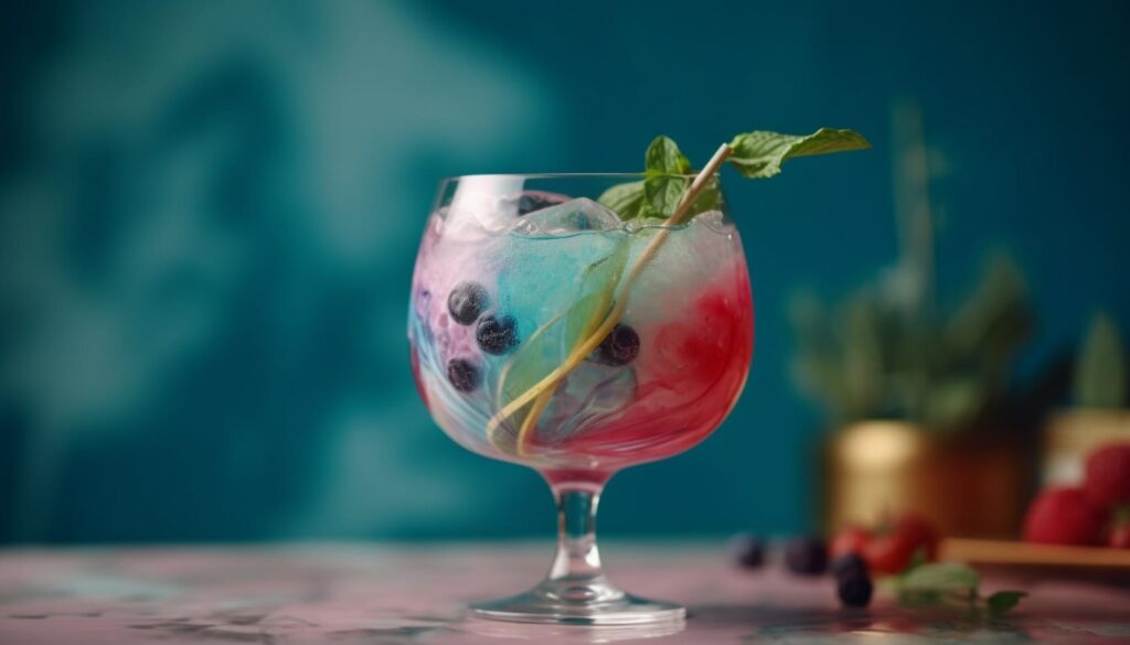 Colorful berry cocktail with ice and mint garnish in a balloon glass against a teal backdrop.