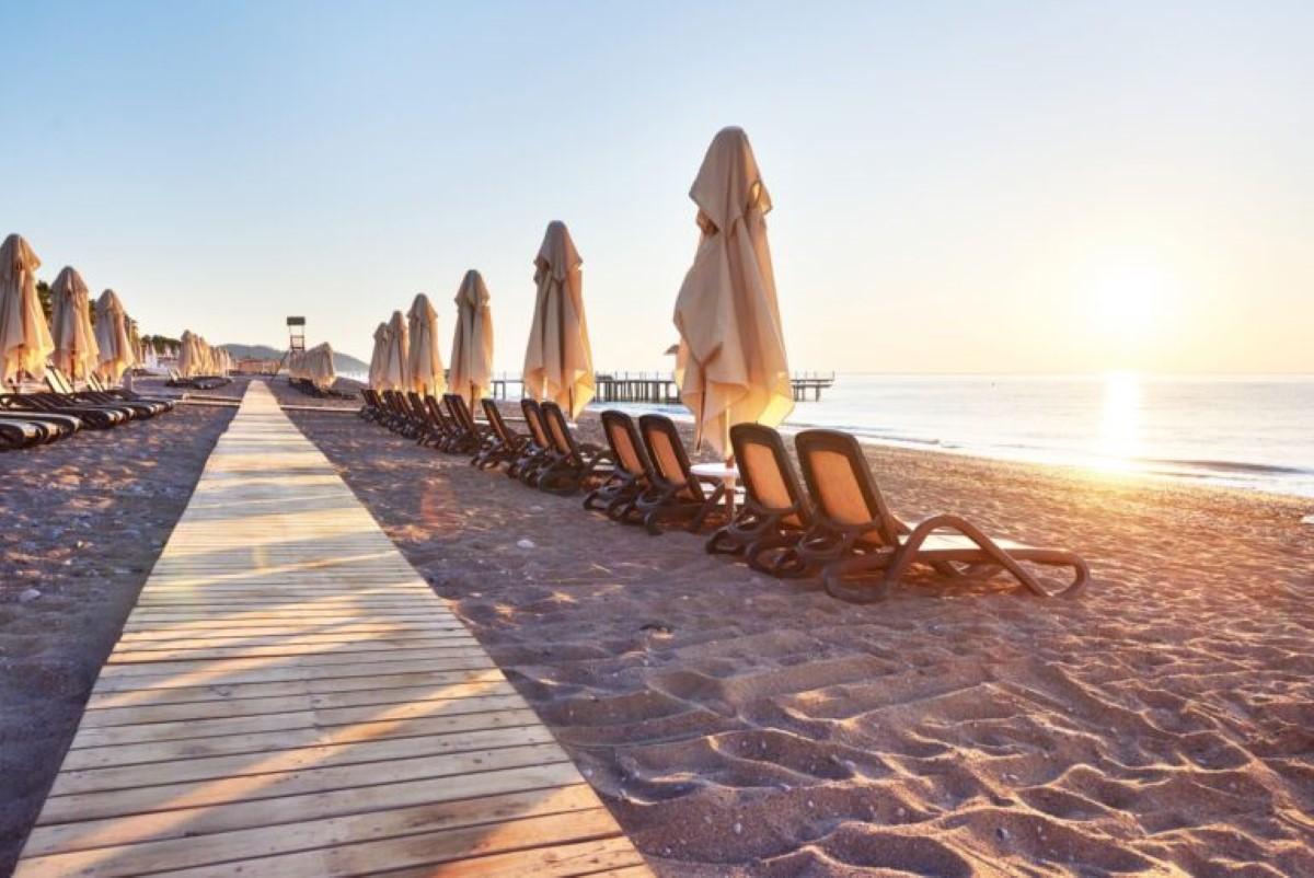 Sunlit beach in Larnaca, Cyprus, with beautiful weather.