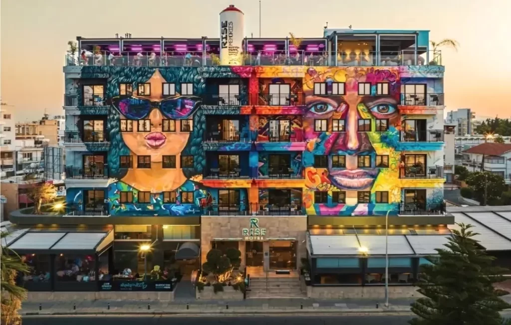 Colorful exterior of Rise Hotel