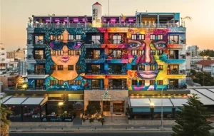 Colorful exterior of Rise Hotel