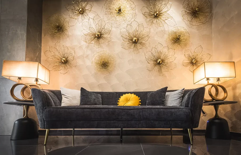 Luxurious gold wall art and ambient lighting