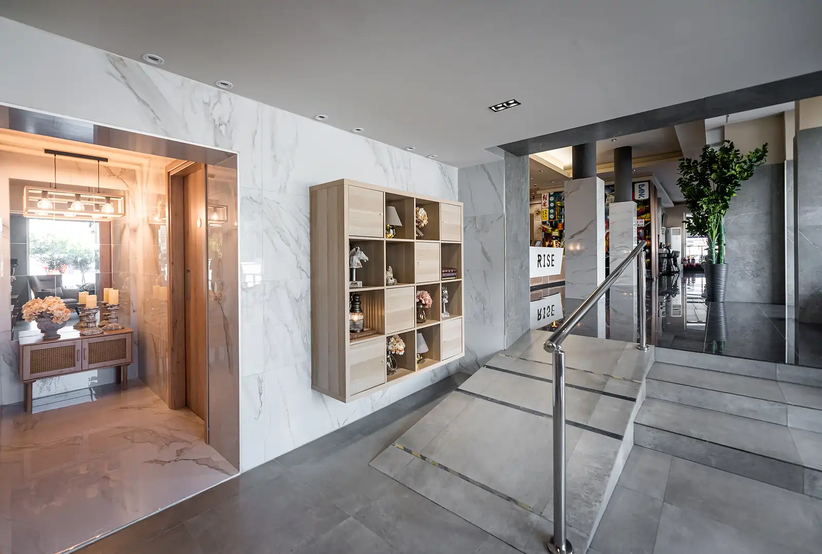 Decorative wooden shelves in the hotel lobby