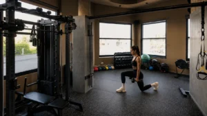 Woman performing dumbbell lunges during independent training at My Fitness Space Larnaca