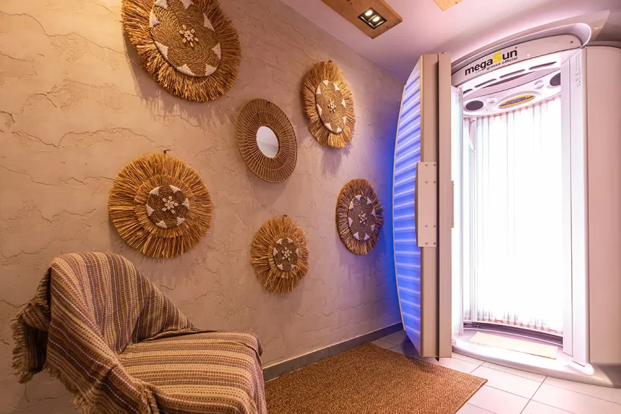 Interior of MegaSun standing tanning booth at Rise Urban Art Hotel Larnaca Cyprus