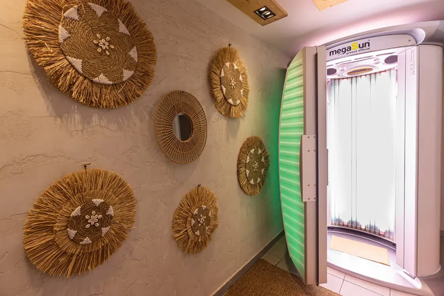 Luxury standing solarium with modern lighting at MegaSun Solarium Larnaca