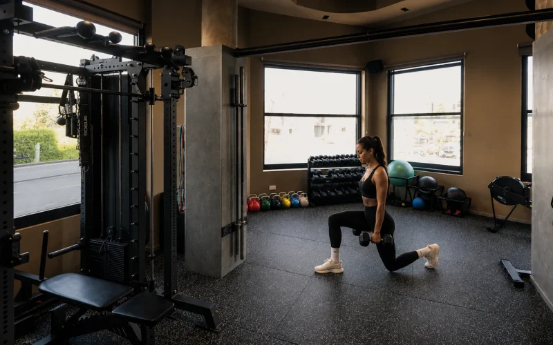 Woman performing dumbbell lunges during independent training at My Fitness Space Larnaca